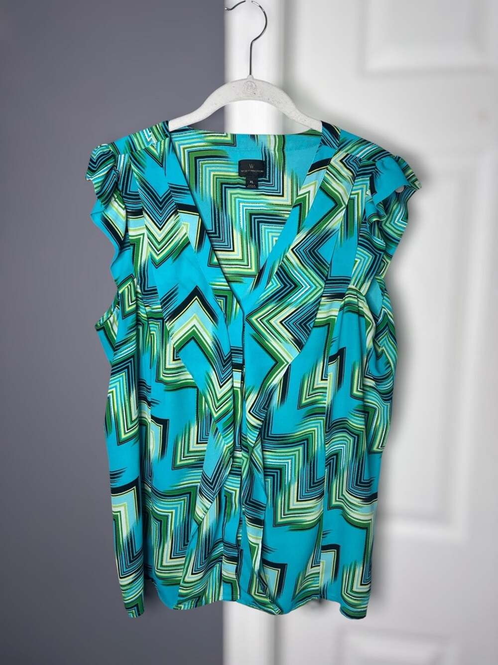 Worthington Blue Green Abstract Print Ruffle V Neck Blouse XL